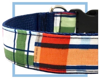 Coastal Plaid Dog Collar, Harness or Leash with Personalized Engraved Buckle Option