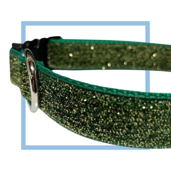 Green Glitter Velvet Dog Collar, Leash or Harness with Personalized, Engraved Metal Buckle Upgrade Option