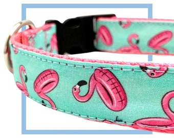 Flamingo Floatie Dog Collar, Leash or Harness with Personalized Metal Buckle Upgrade