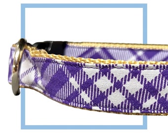 Purple Plaid Dog Collar, Harness or Leash with Personalized Engraved Buckle Option