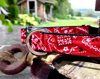 Collar, arnés o correa para perro de estilo campestre con bandana roja y opción de hebilla grabada personalizada