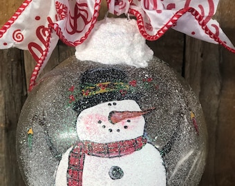 Snowman ornament large, Christmas ornament, Glass ornament , Hand painted ornament, Winter large ornament. Holiday ornament