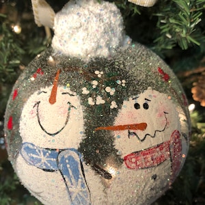 Snowman ornament,Christmas ornament, Glass ornament , Hand painted ornament, Winter ornament, Holiday ornament, Snowman & mistletoe