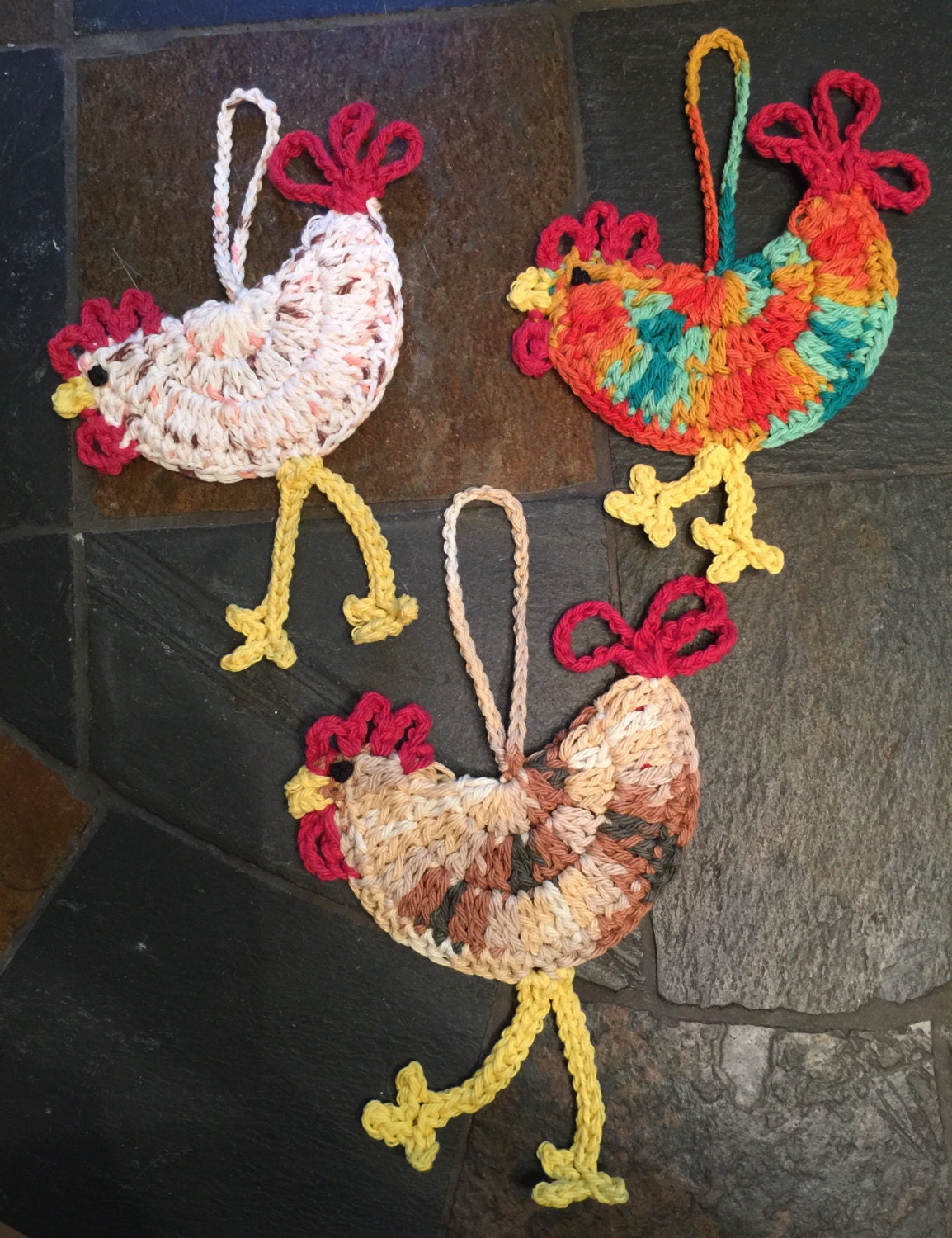 Chicken Decor, Rooster Ornaments Crocheted Set of 3 Chickens ,hen
