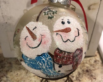 Snowman ornament,Christmas ornament, Glass ornament , Hand painted ornament, Winter ornament, Holiday ornament, Snowman & mistletoe