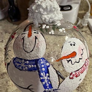 Snowman ornament,Christmas ornament, Glass ornament , Hand painted ornament, Winter ornament, Holiday ornament, Snowman & mistletoe