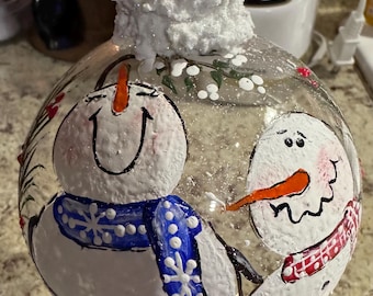 Snowman ornament,Christmas ornament, Glass ornament , Hand painted ornament, Winter ornament, Holiday ornament, Snowman & mistletoe