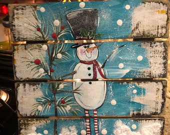 Snowman with Black Top Hat sign, Whimsical Snowman, Shelf Sitter, Tier Tray, Winter Snowman painted on a pallet,FREE SHIPPING