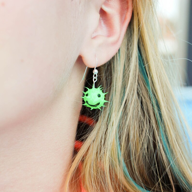 Neon green smiley face earrings spiky rubber earrings spiky Etsy