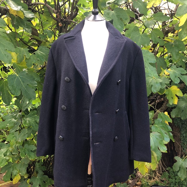 Vintage Navy,Wool Pea Coat,Double Breasted,Nautical Buttons,Red Padded Lining.Propper Winter Coat ! (Short Arms) UK Large.