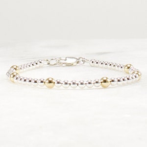 Sterling Silver Bead Bracelet, 14k Gold Accent Beads,  Mixed Metals, Sterling Silver Clasp, 3mm 4mm, Stacking Bracelet