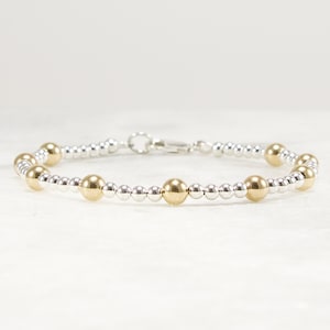 Sterling Silver Bead Bracelet, 14k Gold Accent Beads,  Sterling Silver Clasp, Mixed Metals, 2.5mm 4.5mm, Stack Bracelet