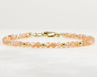 Peach Sunstone 3.5mm Dainty Gold Filled Bracelet • Faceted Gemstone • Stacking