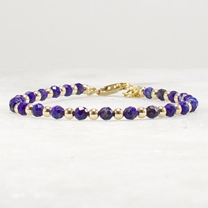 Blue Lapis Bracelet, 14k Gold Filled or  Sterling Silver, 3mm Micro Faceted Round Blue Lapis Bracelet, Gift for Her, Mom, Wife
