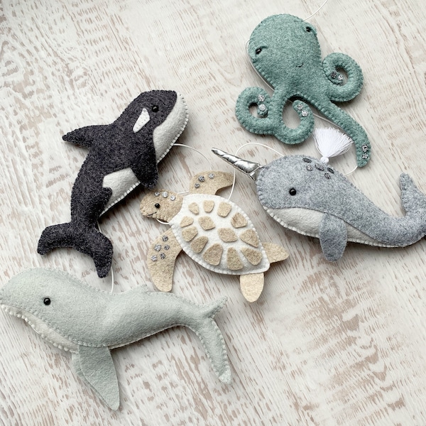 Felt sea life garland, sea life nursery, whale nursery, under the sea nursery, felt whale, felt narwhal, whale decor, sea turtle, octopus