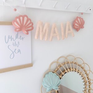 Shell name garland, shell name banner, felt shells, shell garland, shell nursery decor, shell wall decor, name garland