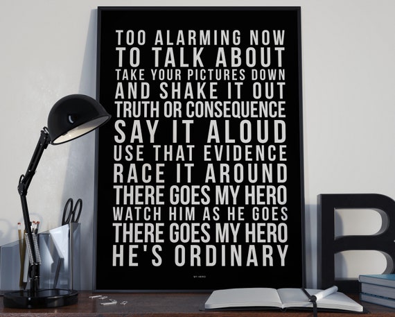 My Hero Song Lyrics Typography Foo Fighters Tribute Printed Music Art Bedroom Office Lounge Home Decor