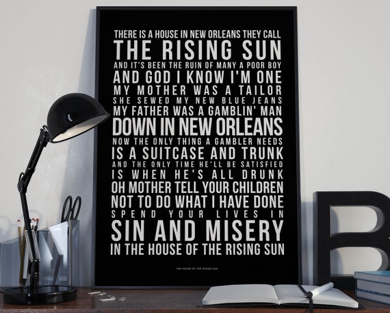 House Of The Rising Sun Song Lyrics Typography The Animals Etsy