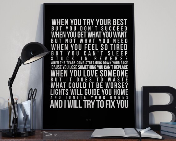 Fix You Song Lyrics Typography Coldplay Tribute Printed Etsy
