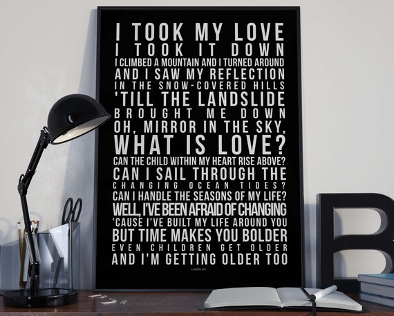 Landslide Song Lyrics Typography Fleetwood Mac Tribute Printed Music Art Bedroom Office Old Style Lounge Kitchen Home Decor