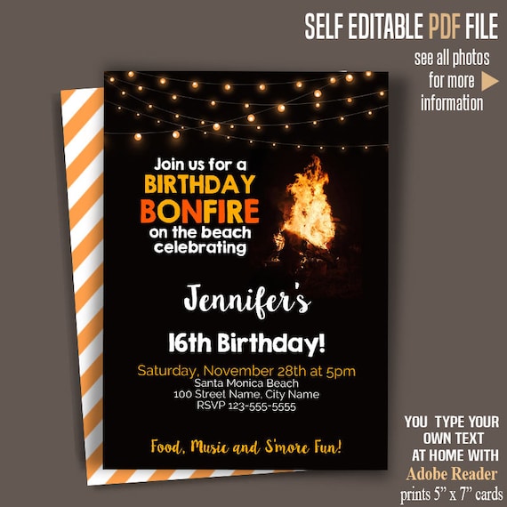 Bonfire Invitation Birthday bonfire invite Printable self | Etsy