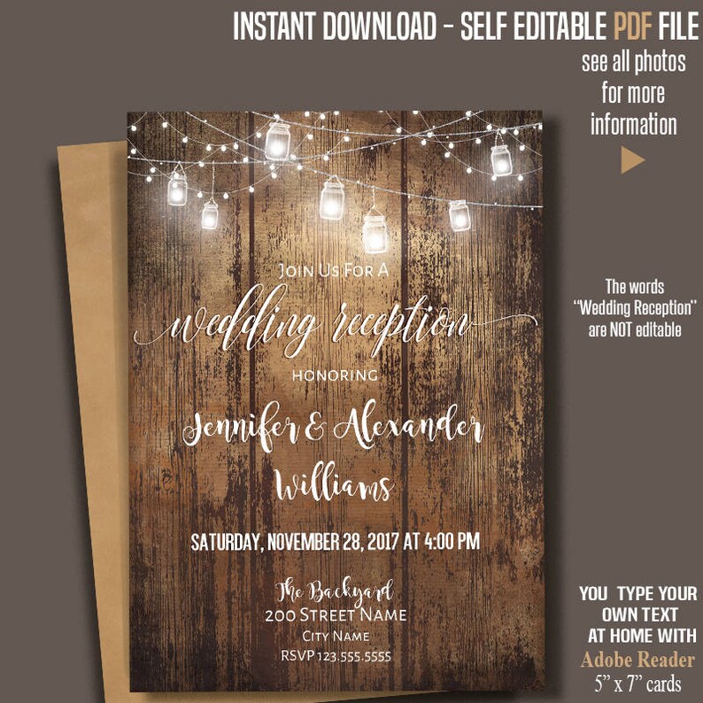 Printable Wedding Reception Invitation Rustic Wedding Etsy