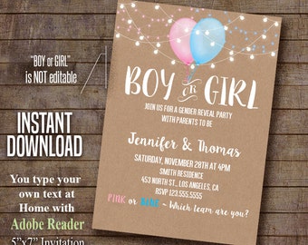 Gender Reveal invitation, Gender Reveal party, Balloons gender reveal, Instant Download Self Editable PDF file A491