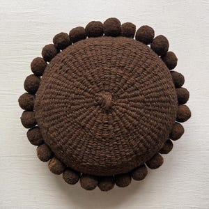 16&quot; Round Pom Pom Cushion - BROWN