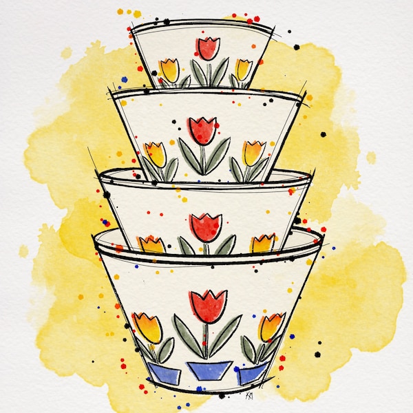 Fire King Tulips Inspired Digital Print Watercolor Painting Vintage Bowls