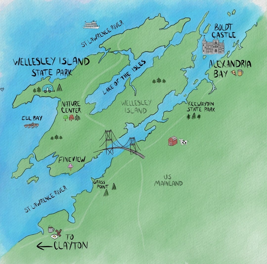 1000 Islands Map Digital Print Art Wellesley Island State Park Alexandria Bay NY St Lawrence