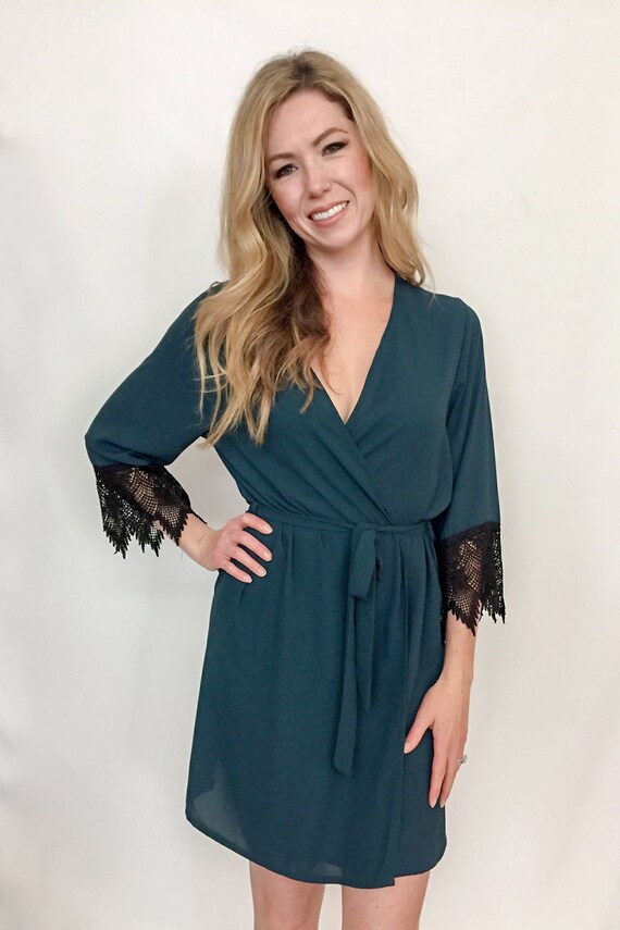 Forest Green Bridesmaid Robe Black Lace 