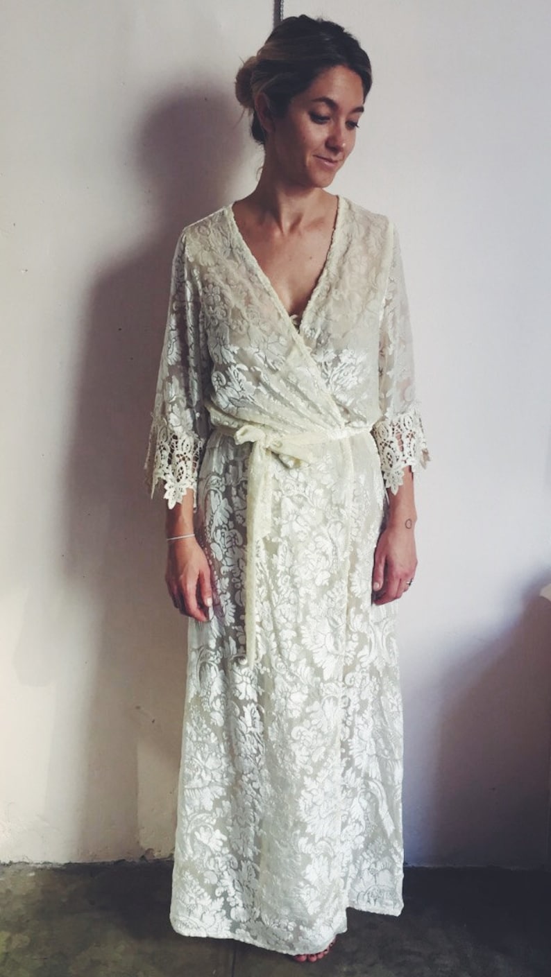 Floor Length Burnout Velvet Robe Lace Trim Sleeves Bridal Etsy