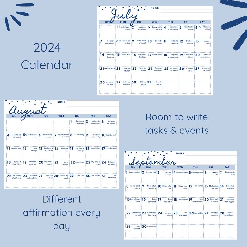 2024 Printable Daily Affirmation Calendar New Affirmation Etsy