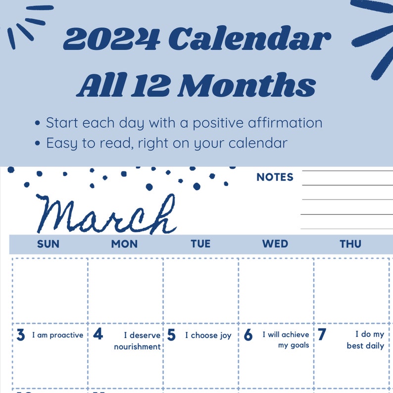 2024 Printable Daily Affirmation Calendar New Affirmation Etsy