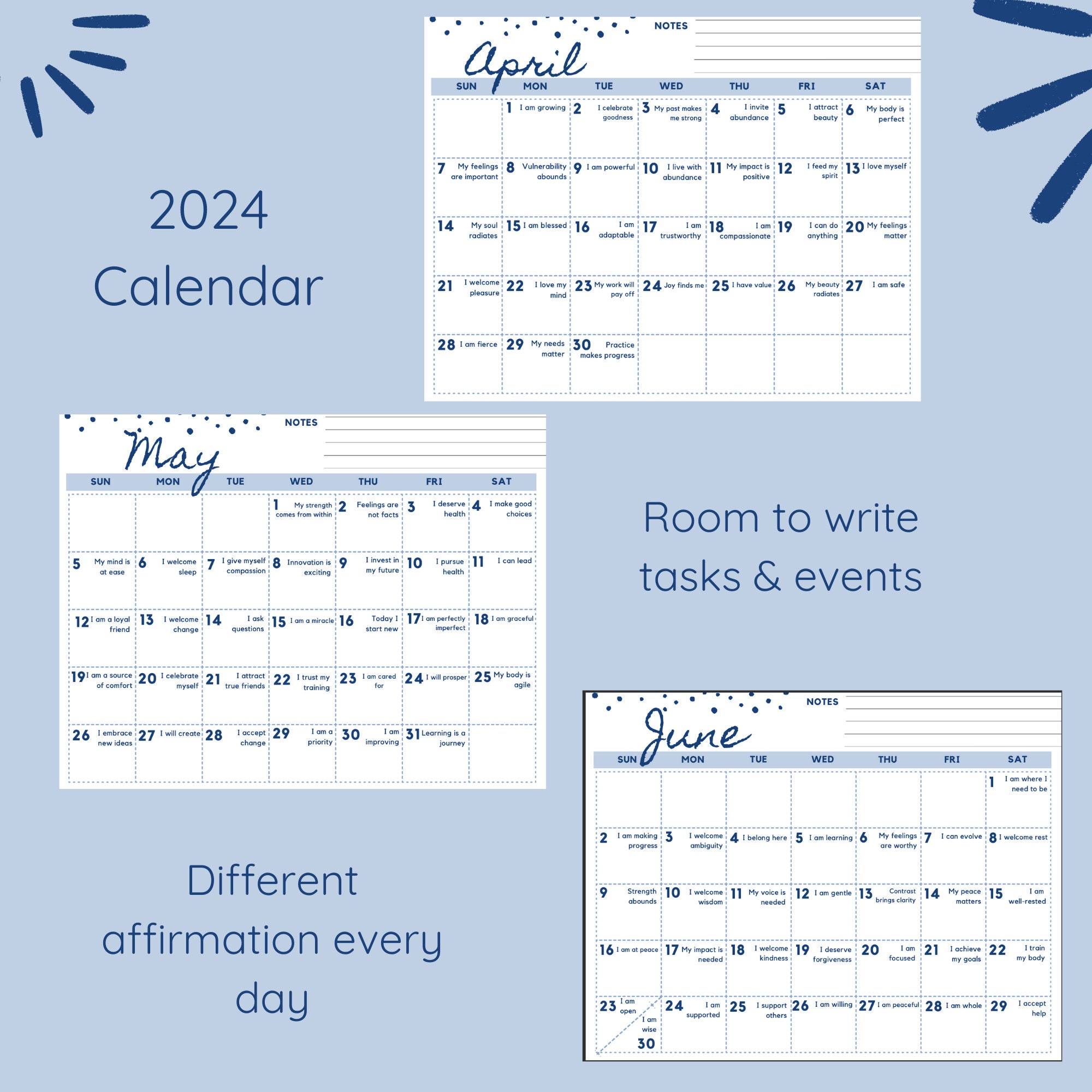 2024 Printable Daily Affirmation Calendar New Affirmation Every Day 12  Months Printable Landscape Horizontal - Etsy