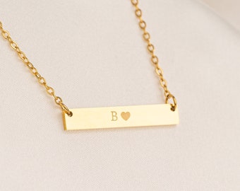 Initial bar necklace, name plate necklace, waterproof necklace, dainty initial necklace, sideways initial