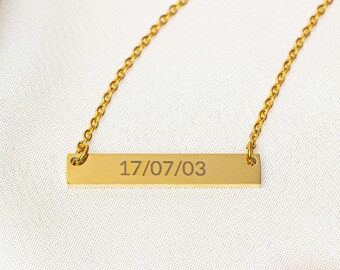 Date necklace, gold number necklace, date year necklace, nameplate necklace, gold bar necklace