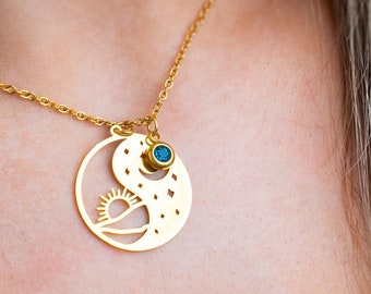 Gold sun moon necklace, sun and moon jewelry, sun and moon charm, sunburst, sunshine necklace