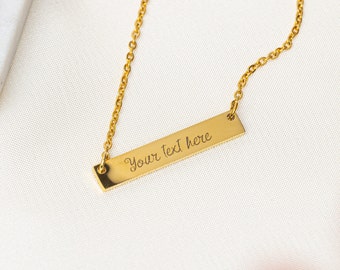 Gold bar necklace, name plate necklace, number necklace, custom engraved necklace