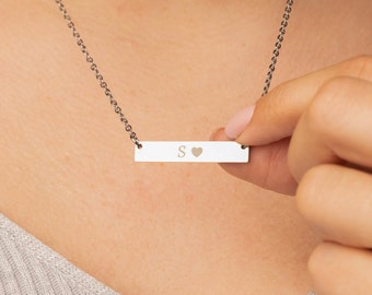 Initial bar necklace, name plate necklace, waterproof necklace, dainty initial necklace, sideways initial