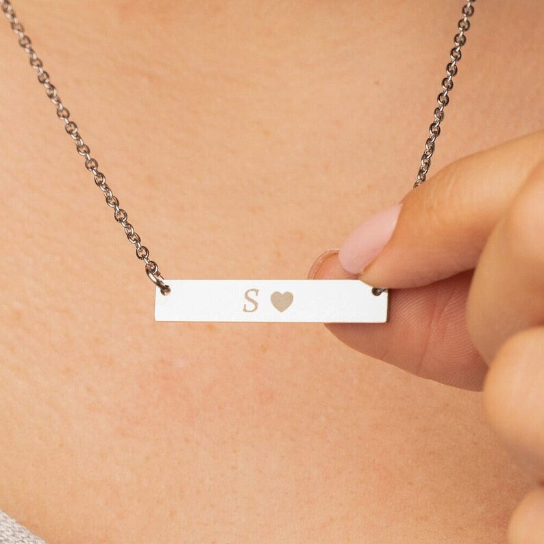 Initial bar necklace, name plate necklace, waterproof necklace, dainty initial necklace, sideways initial
