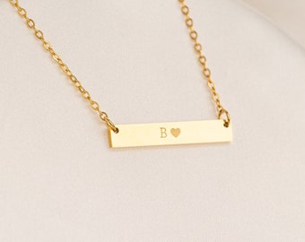 Initial bar necklace, name plate necklace, waterproof necklace, dainty initial necklace, sideways initial