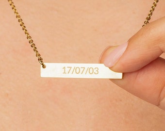 Date necklace, gold number necklace, date year necklace, nameplate necklace, gold bar necklace