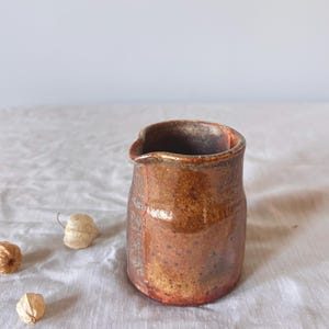 May include: A small, handmade ceramic pitcher with a rustic, earthy aesthetic. The pitcher features a warm, brown glaze with reddish-orange accents and a spout for easy pouring. The piece is set on a neutral background with dried seed pods.
