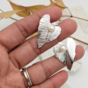 Heart Earrings Leaf Earrings Pearl Earrings Bride Earrings Nature Jewelry Stud Leaf Earrings Bridesmaid Jewelry image 6