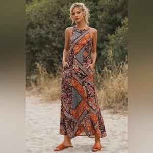 Bio-Baumwolle Boho Patchwork Print langes Maxi Kleid, ärmelloses A-Linie-Kleid langes Kleid mit Taschen, Four Seasons buntes Boho Kleid Größe L