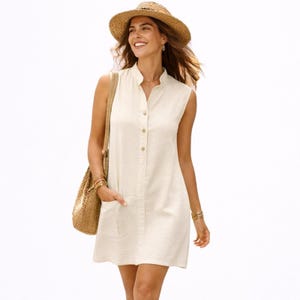 Linen Cotton Mini Dress Natural Cream, Boho Sleeveless Button Front Dress, Minimalist Summer Dress, Resort Wear Tunic Dress, One Size M-XL