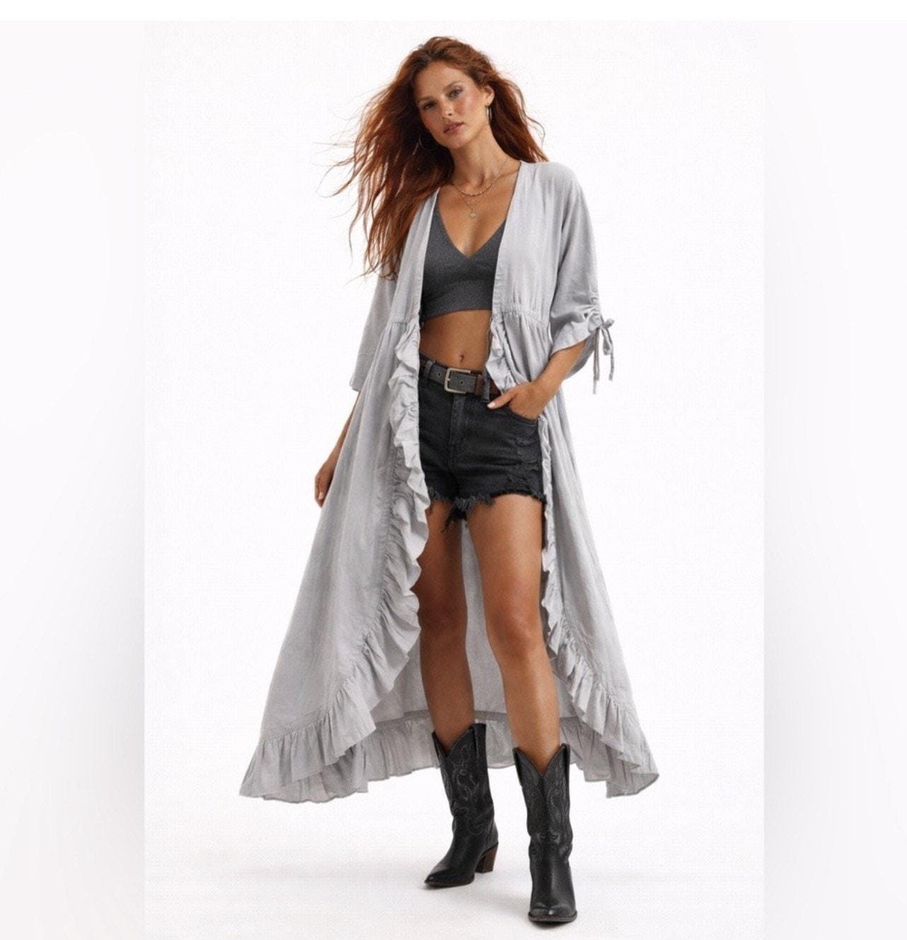 Organic Cotton Long Boho Cardigan Light Gray Ruffle Duster Kimono Lightweight Layering Piece Adjustable Festival Maxi Cover Up Fits S/M