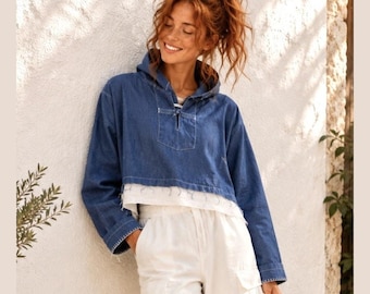 Haut bohème à capuche court en coton bio et lin | Sweat à capuche surdimensionné Coastal Couverture artisanale faite main, surpiqûres L/XL Bleu denim blanc