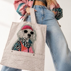Oversized Dog Tote Bag | Handmade Canvas Tote | OOAK Boho Market Shopping Bag | Pop Art Dog Patch Extra Large Shopper Beach Travel Bag Gift